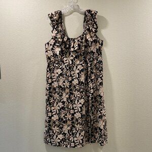 AVA & VIV Ruff Neck Sleeveless Tropical Print Off/On Shoulder, Black/Ivory - 1X